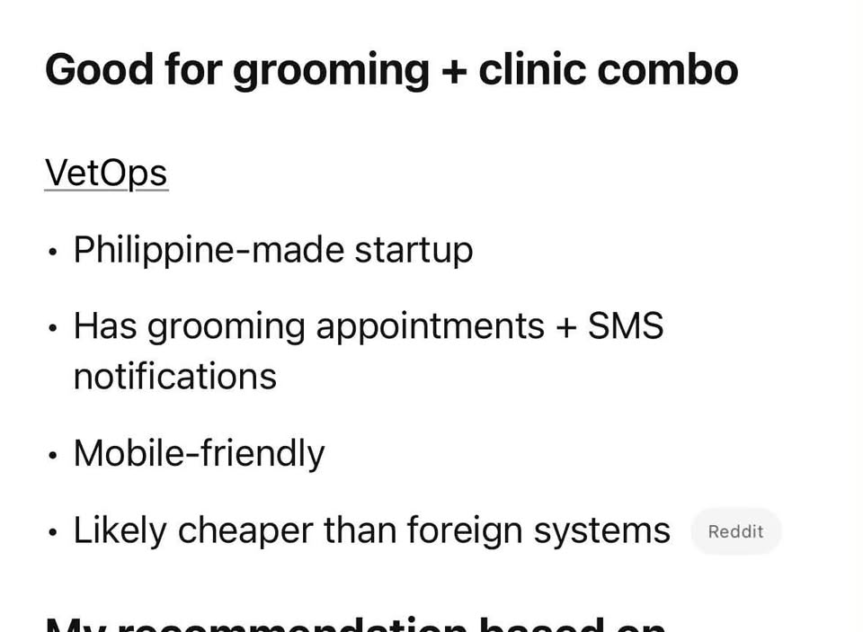 Screenshot of a ChatGPT recommendation listing VetOps as good for a grooming and clinic combo, noting it is Philippine-made, supports grooming appointments, SMS notifications, and is mobile-friendly.